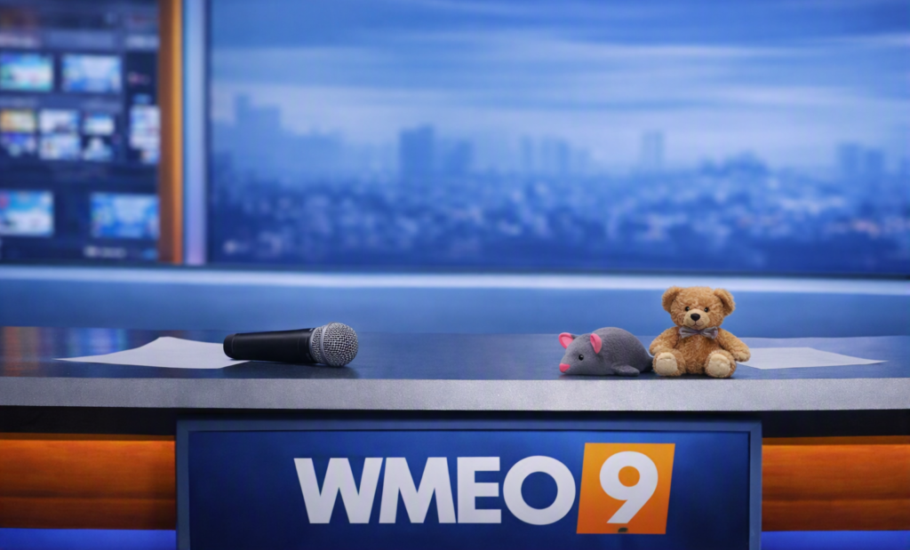 WMEO 9 news desk with a knocked‑over microphone, a gray toy mouse, and a small brown teddy bear placed on the papers in front of the blue studio backdrop.