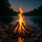  A bright campfire burns among river stones beside a calm river at twilight, casting a warm glow across the water and surrounding trees.