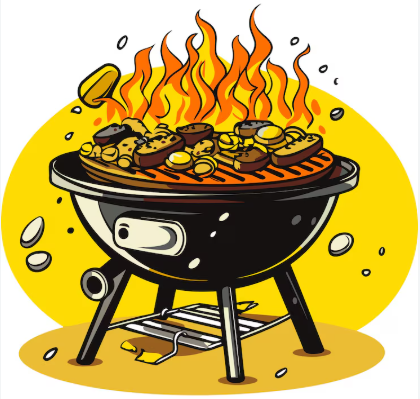   
A cartoon-style charcoal grill with tall orange flames rising above the grate, cooking sausages, vegetables, and burger patties against a bright yellow background.