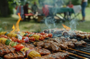   
Skewers of grilled meat and vegetables cooking over an open flame on an outdoor barbecue, with smoke rising and people gathered at a picnic table in the blurred background.