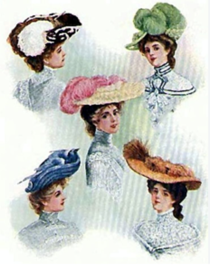 An illustrated group of five women wearing elaborate late‑19th‑century hats, each decorated with feathers, bows, or plumes. The women are dressed in high‑collared blouses with lace and ruffles, showcasing the ornate fashion styles of the era.