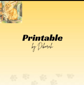 A yellow background with faint paw prints along the bottom and a small photo of an orange cat in the upper left corner, with the text “Printable by Deborah” centered on the page.