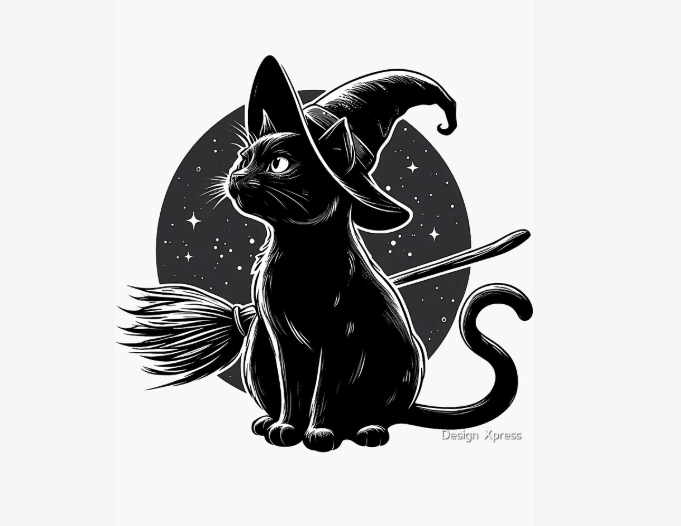 A stylized black cat wearing a pointed witch’s hat sits in front of a circular star‑filled background, with a broom angled behind it. The illustration is monochrome with fine line details, giving it a mystical Halloween feel.