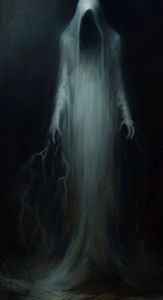 A ghostly figure cloaked in a flowing hooded robe emerges from swirling mist, its skeletal hands outstretched with faint lightning‑like energy. The face is hidden in shadow, creating a haunting, banshee‑like presence against a dark, smoky background.