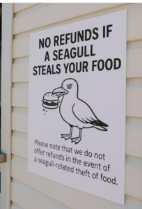 A posted sign shows a cartoon seagull holding a burger, with text warning that no refunds are given if a seagull steals your food.