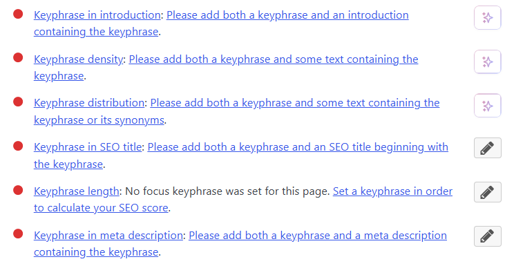 Screenshot of an SEO analysis panel showing multiple red warning indicators for missing keyphrase elements, including introduction, density, distribution, SEO title, keyphrase length, and meta description.