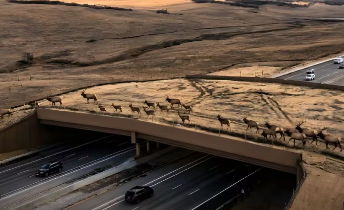 Elk walking across a vegetated wildlife overpass above a busy multi‑lane highway, with cars passing underneath and open plains in the background.