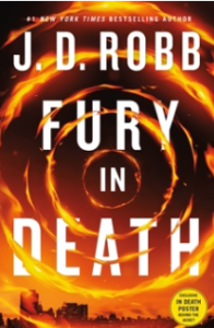 Cover of the book “Fury in Death” by J.D. Robb featuring swirling fiery orange and yellow designs over a dark background with a city skyline silhouette.