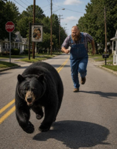   
A large black bear runs down the middle of a residential street while a bearded man in denim overalls and a plaid shirt runs behind it. Houses, trees, and utility poles line the street, and a stop sign and a “Mama’s Coffee” sign are visible in the background.
