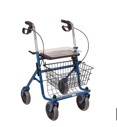 A blue four‑wheel rollator walker with hand brakes, a wire basket, and a flat tray sits on a floor, designed to provide support and carry items for someone with limited mobility.