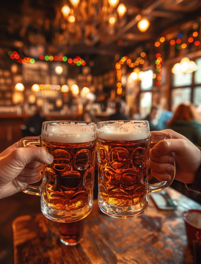 Two large beer steins filled with amber Oktoberfest beer being clinked together in a lively pub, with warm lights and blurred people in the background creating a festive atmosphere.
