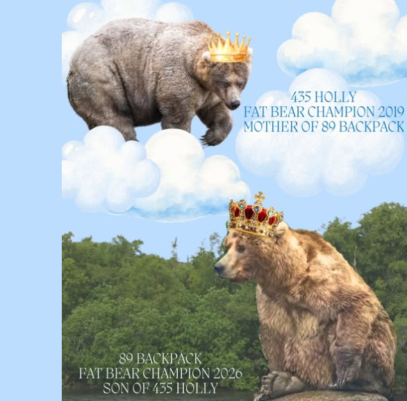  Two crowned brown bears are shown in a playful “dynasty” layout. The top bear appears among soft clouds wearing a jeweled crown, with text identifying her as 435 Holly, Fat Bear Champion 2019 and mother of 89 Backpack. Below, a second crowned bear sits on the ground surrounded by greenery, labeled as 89 Backpack, Fat Bear Champion 2020 and son of 435 Holly. The design humorously presents the two real bears as royal family members in a Fat Bear Week lineage.