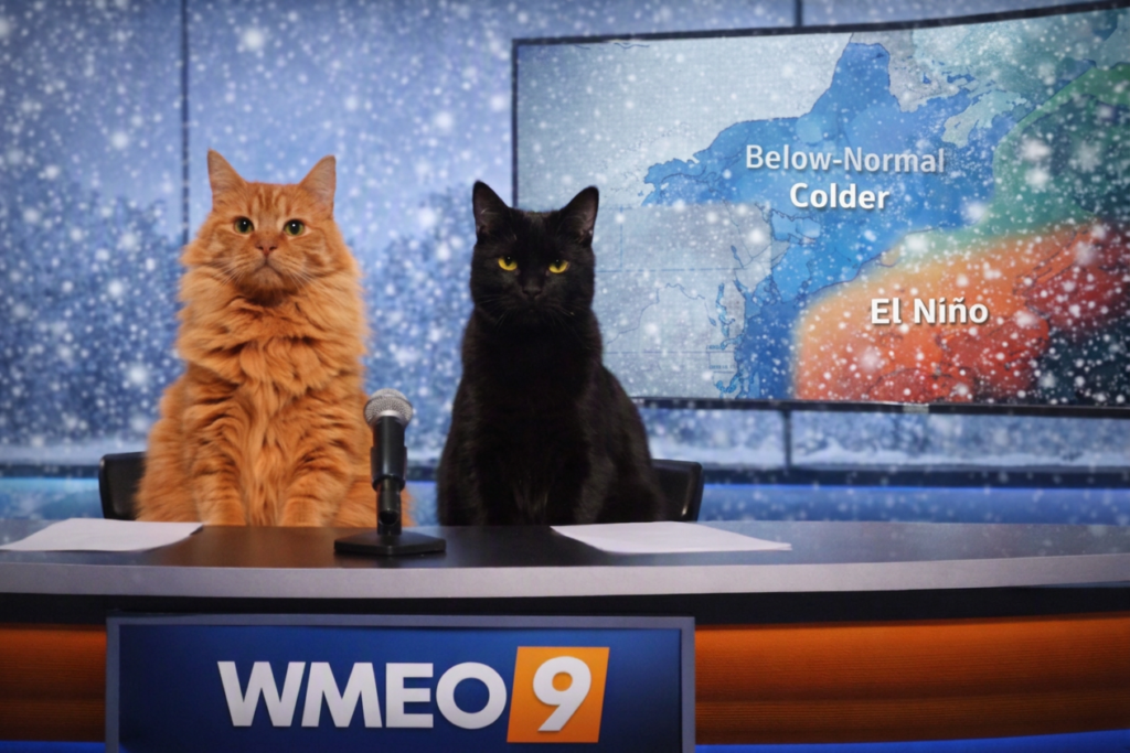  “Two cats sit behind a WMEO 9 news desk delivering a winter weather forecast. The orange tabby wears a red scarf with a silver snowflake pin and has a white mug labeled ‘WMEO I ♥ Weather’ in front of him. The black cat sits beside a vintage suitcase with a ‘Key West or Bust!!’ sticker and a boarding pass sticking out. Behind them, a snowy weather map shows ‘Below‑Normal Colder’ and ‘El Niño’ regions, with snow falling outside the studio window.”