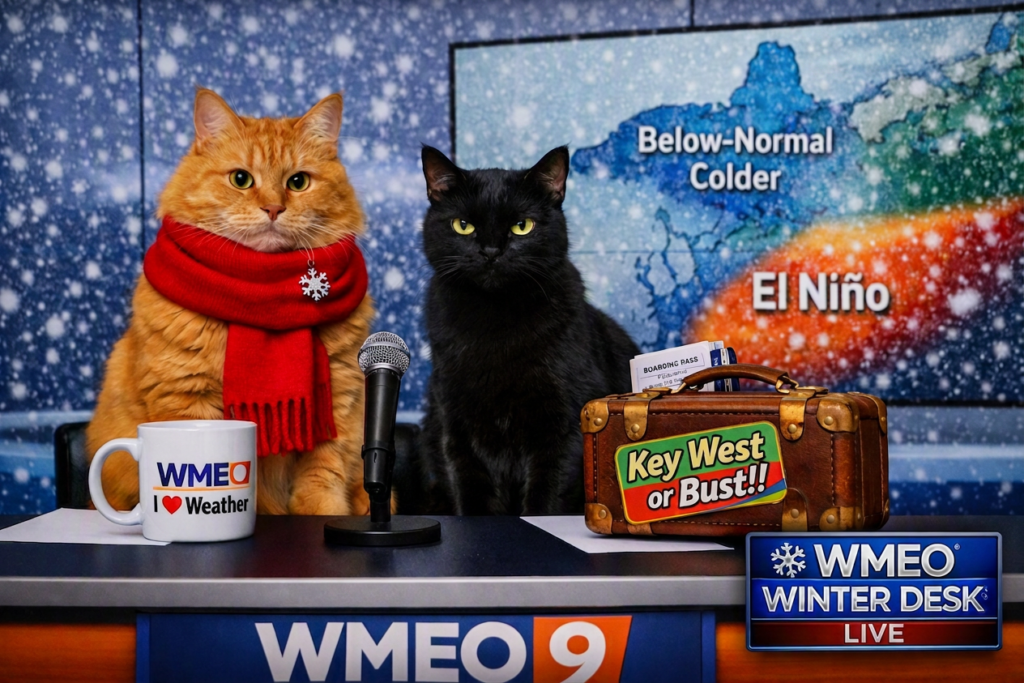 Two cats pose as winter weather anchors at a WMEO 9 news desk. The orange tabby on the left wears a red scarf with a silver snowflake pin and sits beside a white ‘WMEO I ❤️ Weather’ mug. The black cat on the right sits next to a vintage brown suitcase with a ‘Key West or Bust!!’ sticker and a boarding pass sticking out. A microphone sits between them, and behind them a snowy weather map shows ‘Below‑Normal Colder’ and ‘El Niño’ regions with falling snow in the background.”
