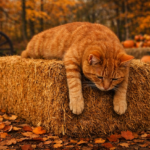 Pumpkin Spice, WMEO’s roving reporter, lounging on a hay bale in full autumn colors.