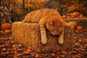 Orange tabby cat lying on a hay bale surrounded by pumpkins, corn stalks, and autumn leaves in a cozy outdoor fall scene.