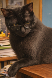 Black cat wearing eyeglasses sitting on a wooden desk with books and papers in the background, creating a scholarly and humorous scene.