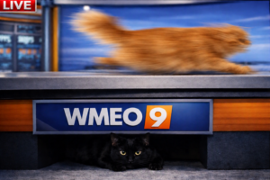 An orange cat zooms across the WMEO 9 news desk during a live broadcast while a black cat hides underneath the desk, peeking out toward the camera.