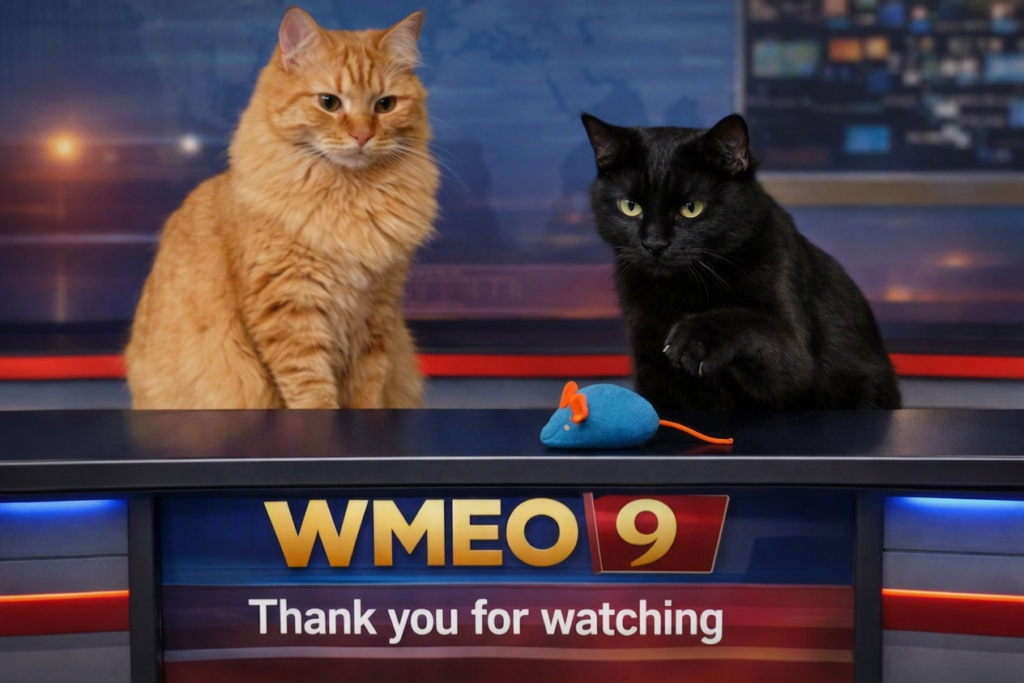 Two cats sit behind a WMEO 9 news desk as if hosting a broadcast. The orange cat on the left sits upright and looks calmly at the camera. The black cat on the right raises a paw toward a small blue toy mouse with orange ears and an orange tail placed in front of it. The desk displays the WMEO 9 logo in gold and red, with “Thank you for watching” written below in white. The background resembles a softly blurred newsroom with lights and screens.