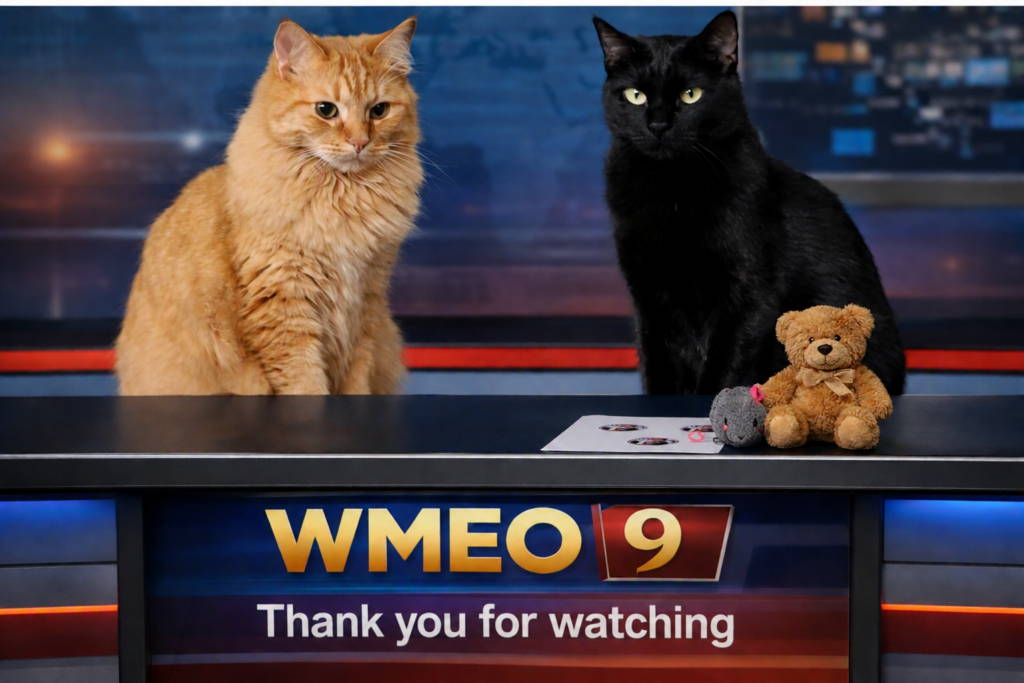 Two cats sit behind a news desk labeled “WMEO 9 – Thank you for watching.” The orange cat on the left and the black cat on the right pose like news anchors. A small gray toy mouse and a light‑brown teddy bear rest on the desk in front of them, with paw‑printed papers nearby. The background shows a softly blurred newsroom with glowing blue and red lights.