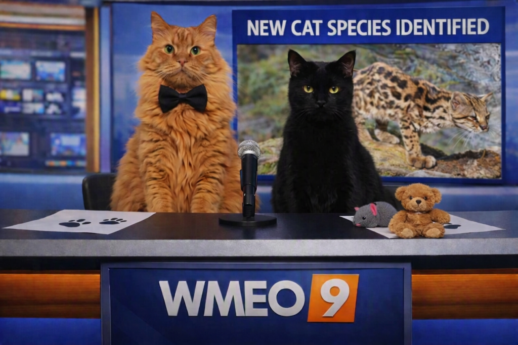   
Two cats sitting behind a WMEO 9 news desk, an orange cat in a black bow tie and a black cat with a toy mouse and teddy bear, with a studio screen behind them showing a spotted wild cat and the headline “NEW CAT SPECIES IDENTIFIED.”