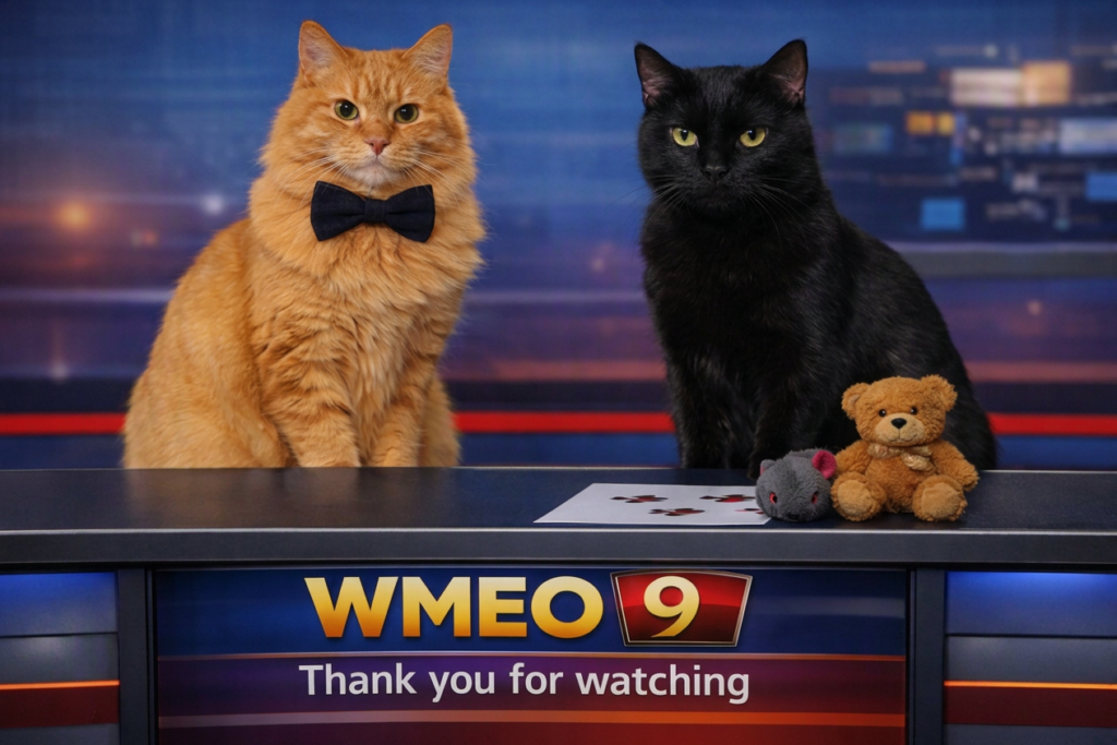 Two cats sitting behind a WMEO 9 news desk, an orange cat in a black bow tie and a black cat with a toy mouse, teddy bear, and playing cards, with a studio backdrop and “Thank you for watching” displayed on the desk.