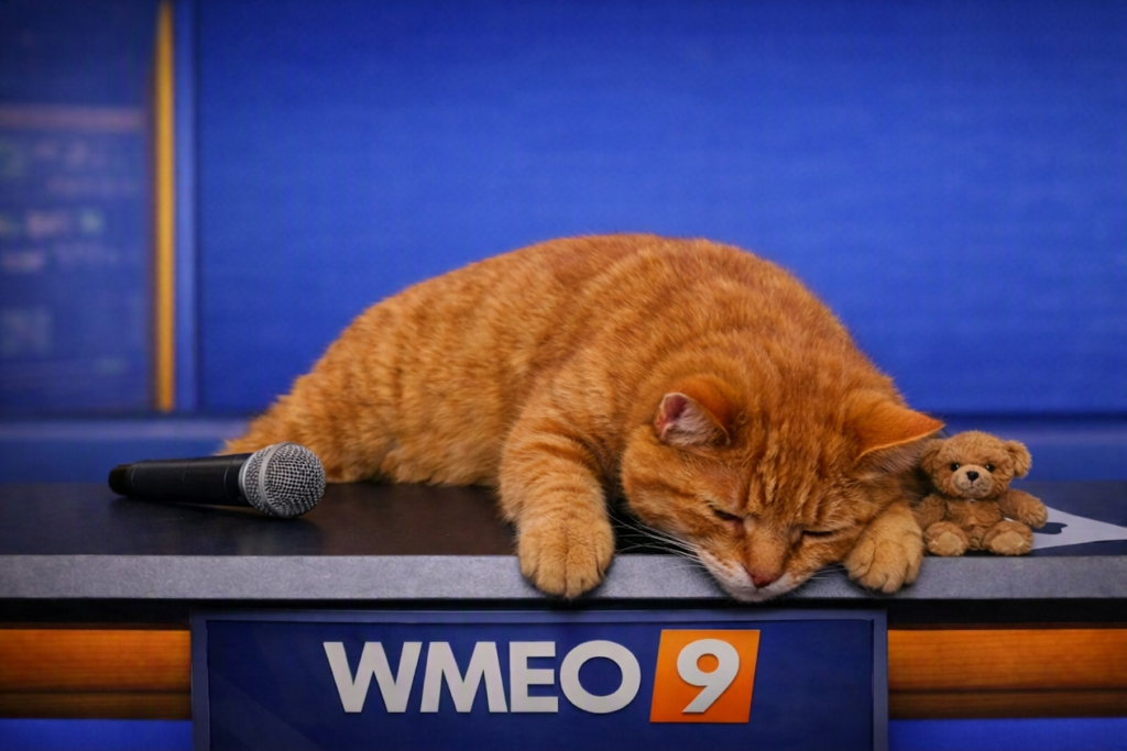 Pumpkin Spice, an orange tabby cat, lies slumped over the WMEO 9 news desk with his head resting on the surface. A small brown teddy bear sits beside him, and a black microphone lies tipped over in front. The blue studio backdrop and WMEO logo create a humorous newsroom scene.