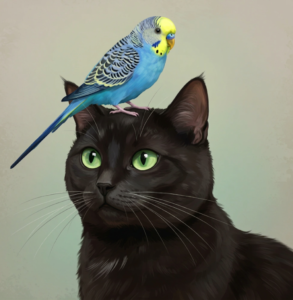 A black cat with bright green eyes sits calmly while a blue‑and‑yellow budgerigar perches on top of the cat’s head against a soft, muted background.
