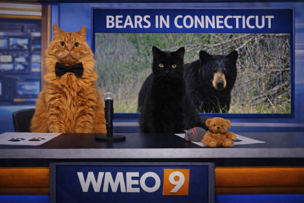 Two cats sit behind a WMEO 9 news desk like TV anchors. The orange cat on the left wears a black bow tie, and the black cat on the right looks wide‑eyed. A microphone, teddy bear, and toy mouse sit on the desk along with two sheets of paper marked with paw prints. Behind them, a large screen displays a photo of a black bear in a wooded field with the headline “BEARS IN CONNECTICUT.”