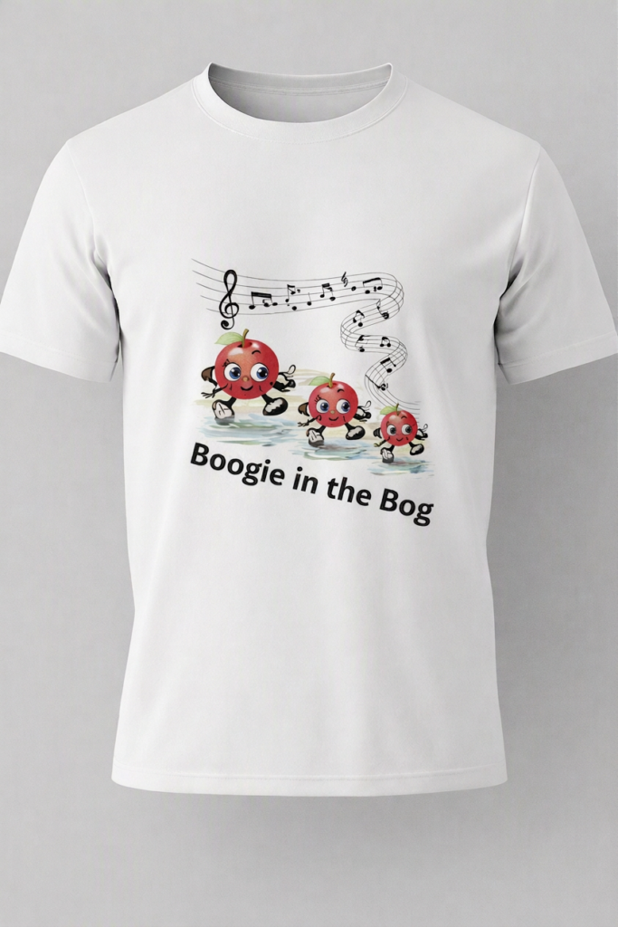 A white T‑shirt featuring a playful design of three cartoon red cranberries dancing on a musical staff with a treble clef and music notes. Below the illustration, the text reads “Boogie in the Bog.”