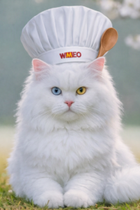 "Chef S, a fluffy white cat with mismatched blue and amber eyes, sits proudly in a large white chef's hat featuring the WMEO logo."