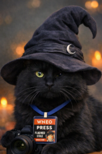  Black cat wearing a tall witch hat with a crescent moon decoration, holding a camera and wearing a press badge around its neck. The background is softly lit with warm, blurred lights, giving the scene a whimsical, Halloween‑themed atmosphere.
