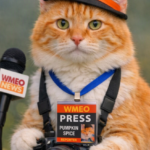 An orange and white cat wearing a black hat with an orange band and a press badge that reads “WMEO PRESS PUMPKIN SPICE REPORTER” poses as a news reporter. The cat has a blue lanyard and holds a camera, while a microphone labeled “WMEO NEWS” sits nearby. The softly blurred background suggests an outdoor setting, creating a humorous scene of a feline journalist at work.