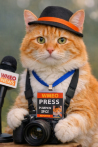 An orange and white cat wearing a black hat with an orange band and a press badge that reads “WMEO PRESS PUMPKIN SPICE REPORTER” poses as a news reporter. The cat has a blue lanyard and holds a camera, while a microphone labeled “WMEO NEWS” sits nearby. The softly blurred background suggests an outdoor setting, creating a humorous scene of a feline journalist at work.