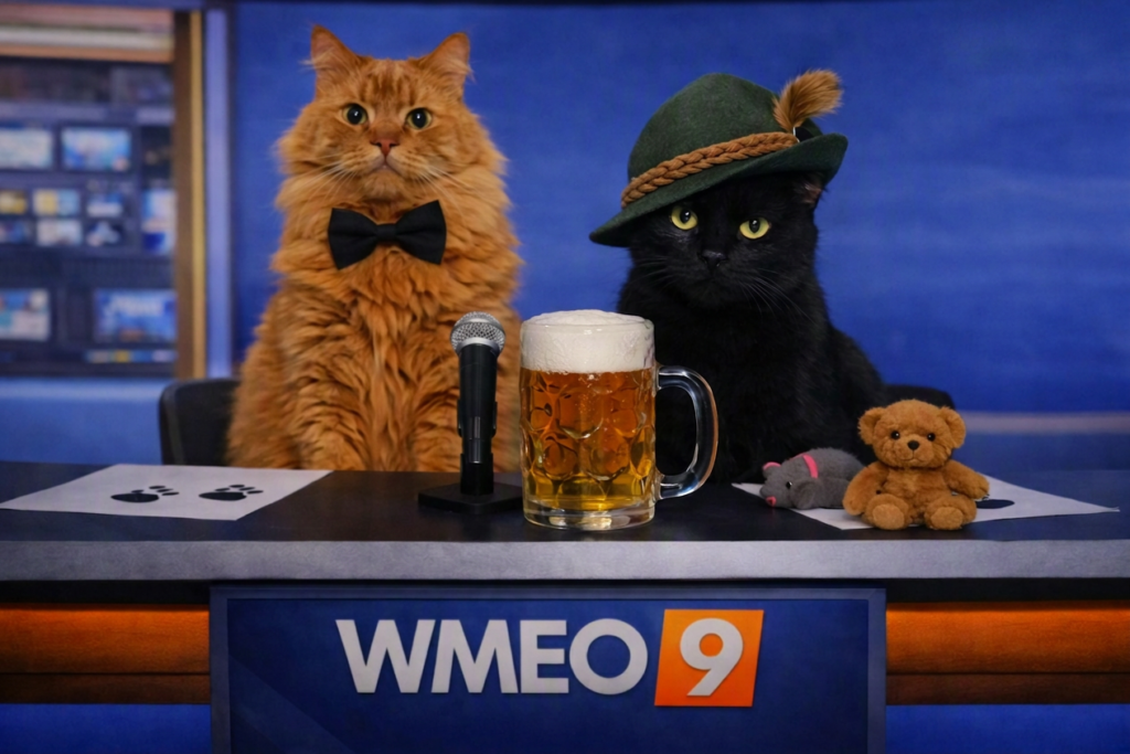 Two cats sit behind a WMEO 9 news desk. The orange cat wears a black bow tie and looks unimpressed, while the black cat, Balboa, wears a tilted green Bavarian hat with a brown braided band and feather. A frothy beer stein sits between them, with a teddy bear and toy mouse on the desk. The background shows a blurred newsroom and a blank blue screen.
