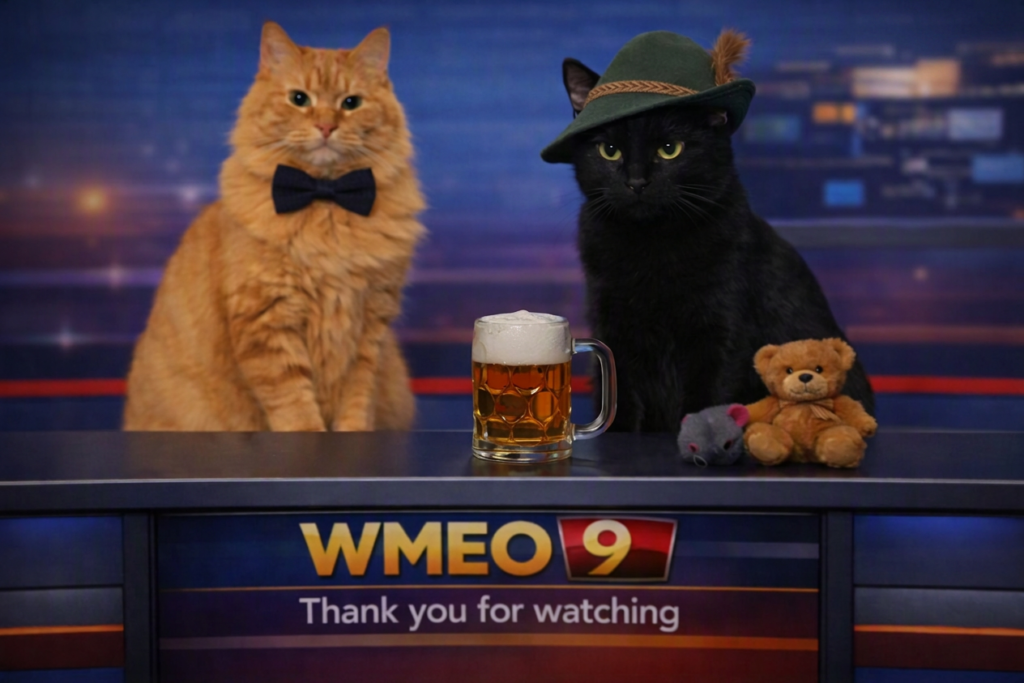 Two cats sit behind a WMEO 9 news desk for a closing shot. The orange cat on the left wears a black bow tie and looks unimpressed, while the black cat, Balboa, wears a tilted green Bavarian alpine hat with a braided band and feather. A half‑filled beer stein sits between them, with a small teddy bear and toy mouse on the desk. The background shows a blurred newsroom and a “Thank you for watching” banner on the front of the desk.