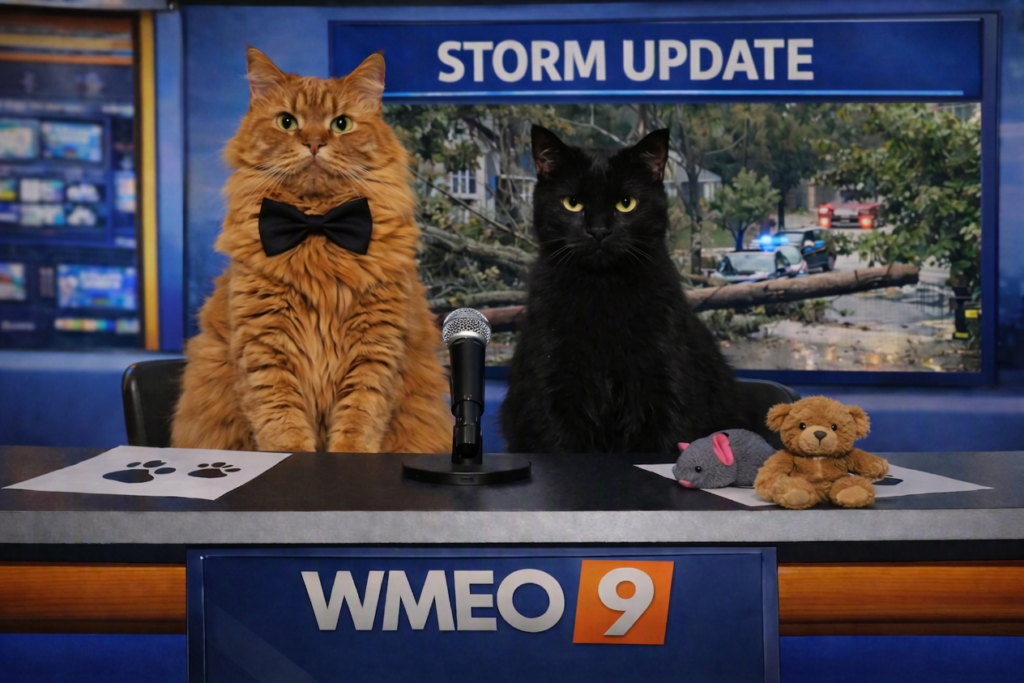 Two cats sit behind a blue WMEO 9 news desk, posed as TV news anchors. On the left, an orange long‑haired cat wearing a black bow tie looks toward the camera. On the right, a short‑haired black cat sits upright. A microphone is centered between them. On the desk are papers with paw prints, a small teddy bear, and a toy mouse. Behind them, a large screen displays the headline “STORM UPDATE” above a photo of a fallen tree blocking a residential street with emergency vehicles present.