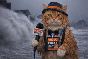  A drenched orange cat wearing a black hat with an orange band and a blue bow tie stands outdoors in heavy rain. The cat holds a WMEO NEWS microphone and wears a soaked press badge labeled “WMEO PRESS PUMPKIN SPICE.” Behind him, large storm waves crash near coastal buildings under a dark, stormy sky.