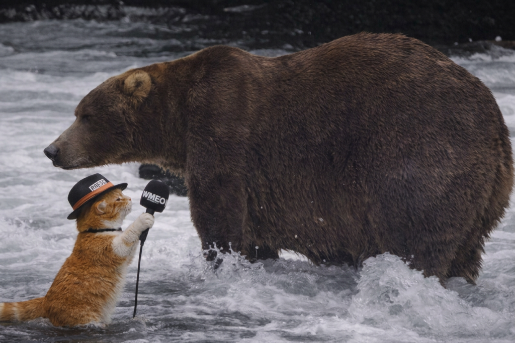 An orange and white cat wearing a black reporter hat with a PRESS card holds a WMEO‑branded microphone toward a large brown bear standing in a river. The cat is partially soaked from the rushing water while the bear looks down at the microphone. The scene is humorous and dramatic, resembling a news interview in the wild.