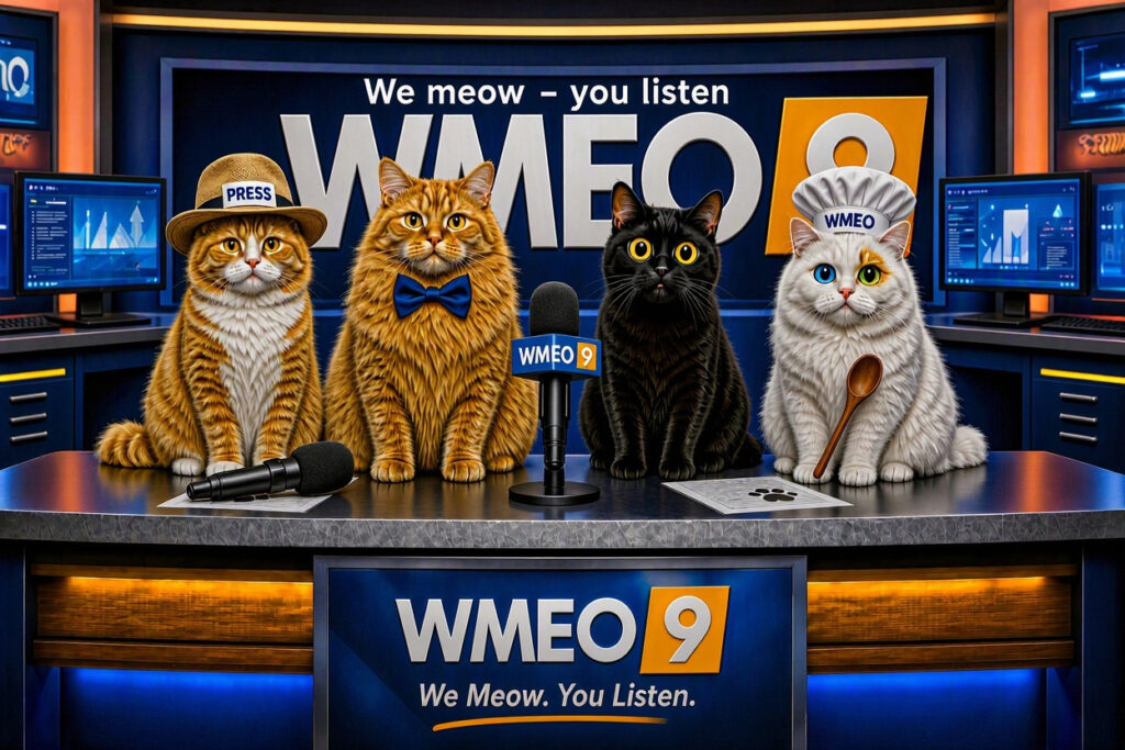 The WMEO 9 News Team gathers at the anchor desk for a group portrait. Field reporter Pumpkin Spice, anchor Banner, commentator Balboa, and Chef sit beneath the WMEO logo, surrounded by newsroom monitors and broadcast equipment. The station slogan reads, "We Meow. You Listen."