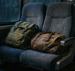 An empty pair of blue‑gray bus seats with a worn green backpack and a weathered brown duffle bag resting on them, next to a window showing a blurred outdoor view.