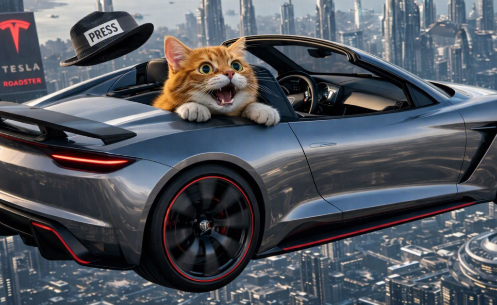A gray Tesla Roadster flies above a futuristic city while an orange cat leans excitedly out the window. A black “PRESS” hat floats nearby, and a billboard in the background displays the Tesla logo.