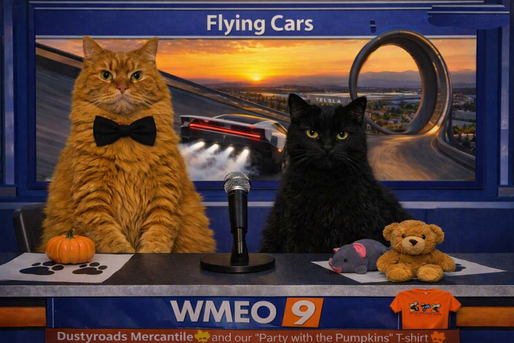 Two cats sit behind a WMEO 9 news desk as playful “news anchors.” The orange tabby on the left wears a black bow tie, and the black cat on the right sits beside a small teddy bear and toy mouse. A tiny pumpkin and a microphone are on the desk. Behind them, a screen shows a futuristic Tesla car on a looping roadway with the headline “Flying Cars.”