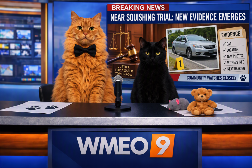 A satirical WMEO 9 newsroom scene features two feline news anchors seated behind a broadcast desk. An orange long-haired cat wearing a black bow tie sits beside a black cat, with a microphone centered between them. Behind the anchors, a large breaking news graphic reads, “Near Squishing Trial: New Evidence Emerges,” and displays a courthouse setting, a vehicle photo, an evidence checklist, a judge’s gavel, and scales of justice. Plush toy animals and paw-print papers rest on the desk, while the WMEO 9 logo is prominently displayed on the front. The image parodies a television news report covering a fictional animal community court case.