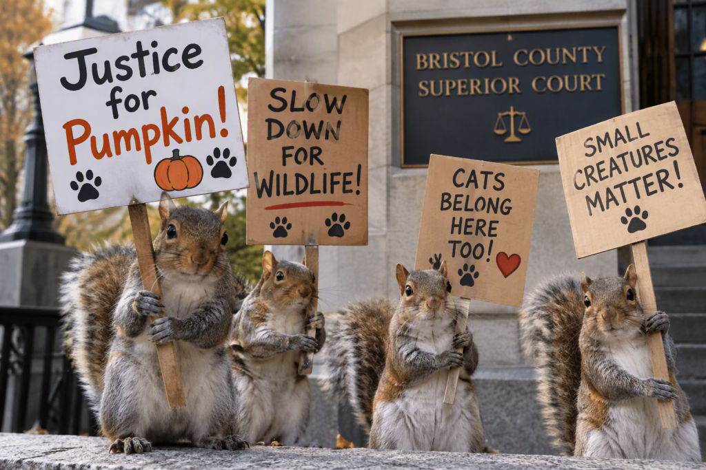 Four squirrels stage a playful protest outside Bristol County Superior Court, holding handmade signs that read “Justice for Pumpkin!,” “Slow Down for Wildlife!,” “Cats Belong Here Too!,” and “Small Creatures Matter!” The signs feature paw prints, a pumpkin illustration, and a heart. The courthouse sign is visible in the background, creating the humorous appearance of a wildlife rights demonstration.