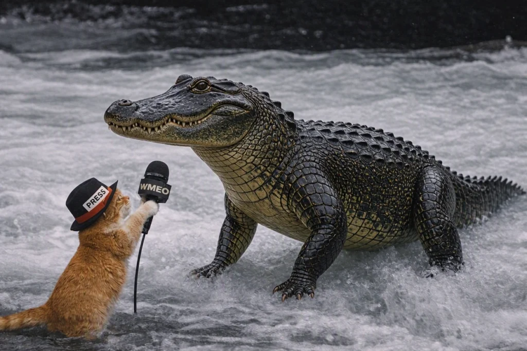 Pumpkin Spice, a small orange tabby cat wearing a PRESS hat, holds a WMEO microphone while interviewing a large alligator standing in rushing water during a humorous GATORGATE news report.