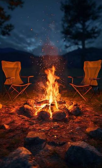 A nighttime campfire burning inside a ring of rocks, with two empty yellow camping chairs facing the flames and dark trees silhouetted in the background.
