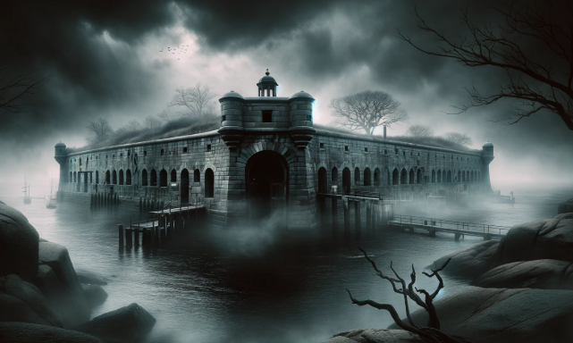 A large stone fort sits on an island surrounded by water, its arched entrance and rows of narrow windows facing the viewer. Mist drifts around the base of the weathered walls, and leafless trees rise from the grounds, adding to the eerie, abandoned atmosphere beneath a dark, cloudy sky.