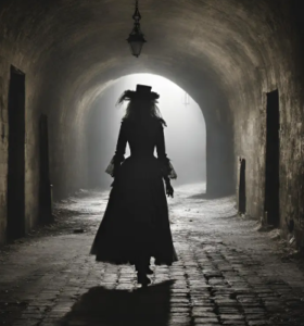   
A person in vintage clothing walks through a dim stone tunnel, silhouetted by light at the far end. They wear a long dark dress with lace details and a wide‑brimmed hat, while a hanging lantern casts soft light on the arched ceiling and textured walls, creating a mysterious, historical mood.