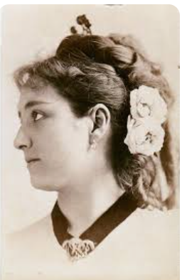   
Sepia‑toned profile portrait of Charlotte Cushman, shown facing left with wavy hair pinned up and decorated with flowers. She wears a high‑collared garment fastened with a brooch, captured in the elegant, formal photographic style of the 19th century.